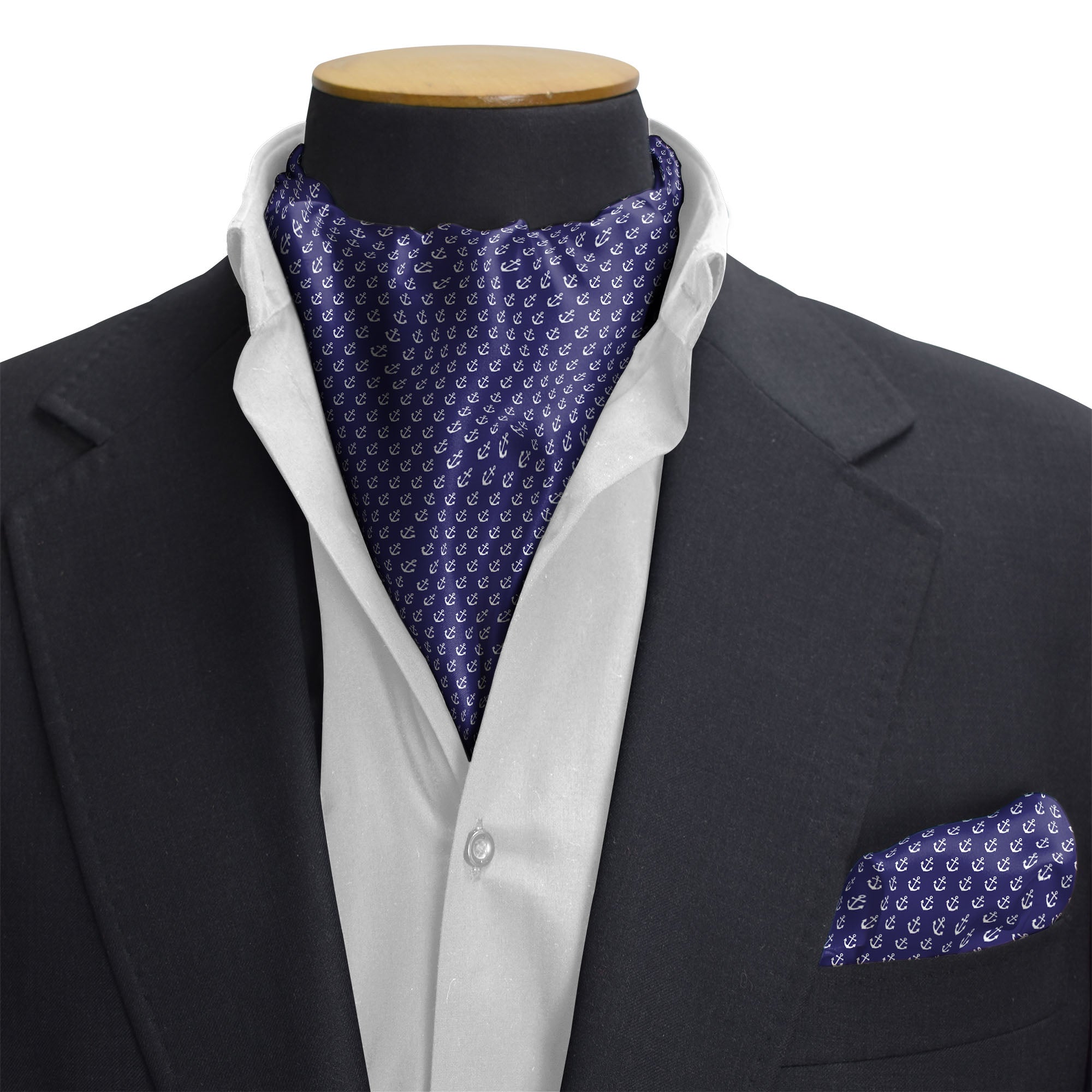 NAVY VALOUR ANCHOR SILK CRAVAT & POCKET SQUARE SET
