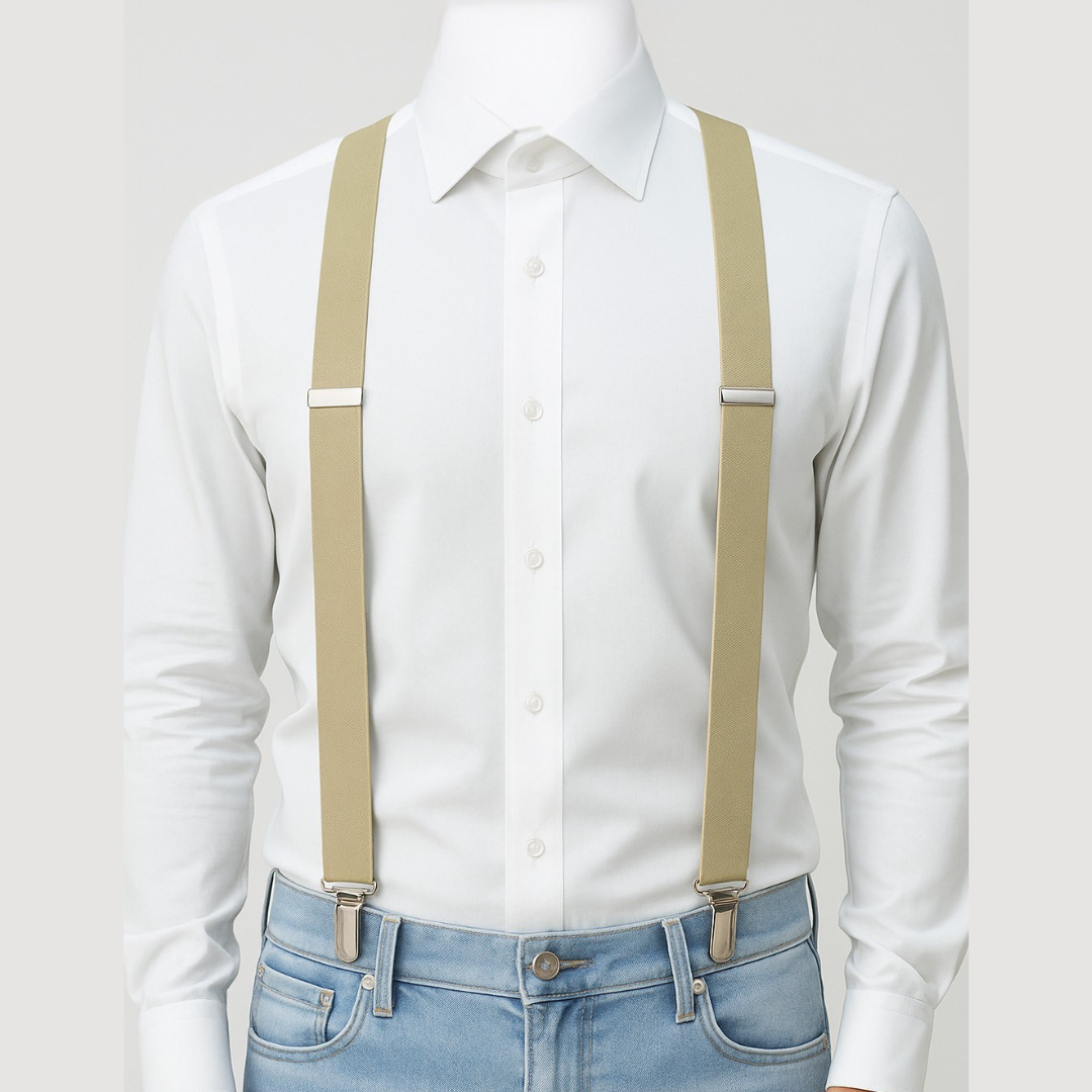 Mannequin wearing a white shirt with beige suspenders and blue jeans on a light gray background