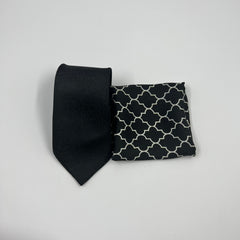 DEEP BLACK SELF PRINTED TIE & TARTAN POCKET SQUARE SET