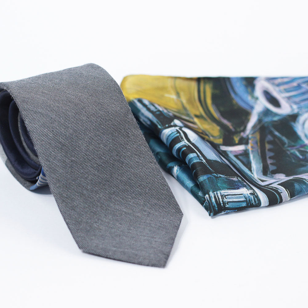 GREY & BLUE PLAID TIE SET