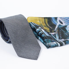 GREY & BLUE PLAID TIE SET