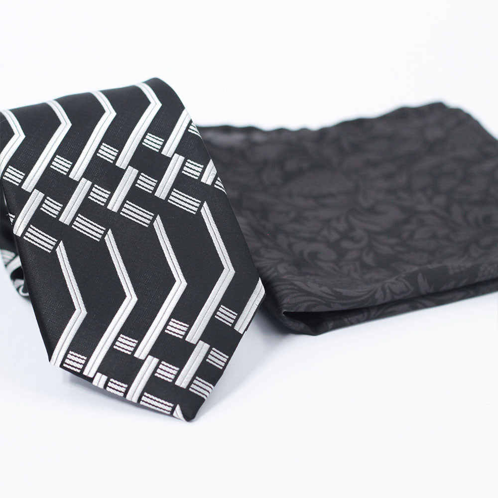 MONOCHROME GRID PATTERN WOVEN TIE SET