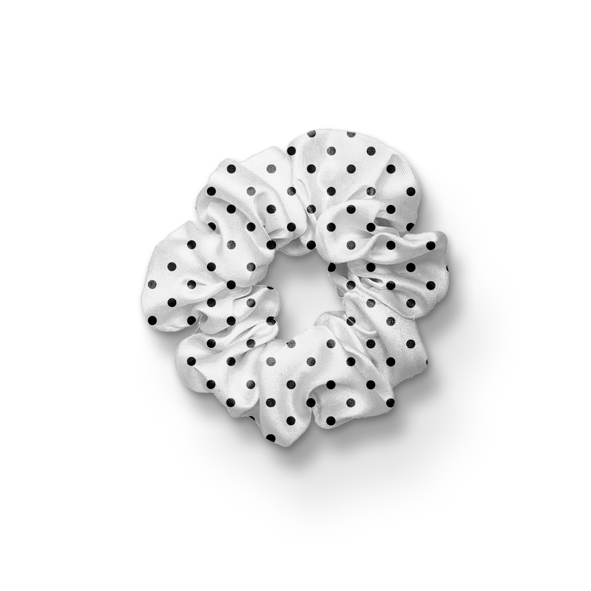 WHITE WITH BLACK POLKA DOT SILK SCRUNCHIE