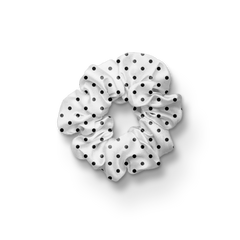 WHITE WITH BLACK POLKA DOT SILK SCRUNCHIE
