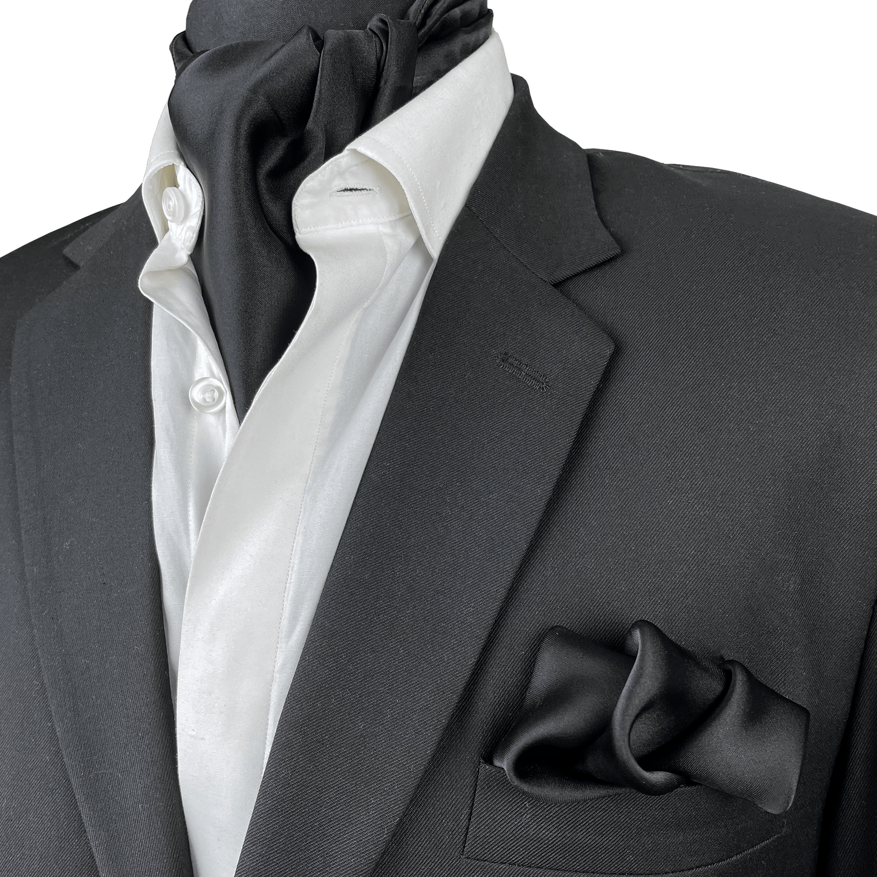 JET BLACK SILK CRAVAT & POCKET SQUARE SET