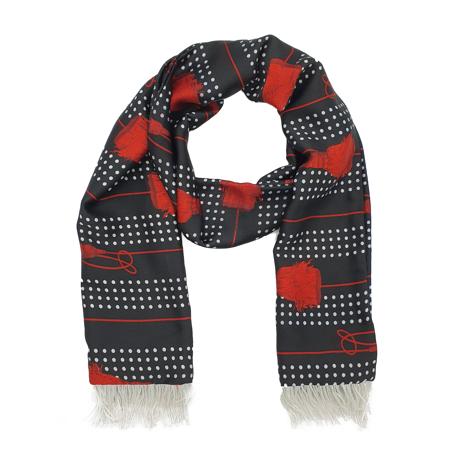 Black & Red Tassels Silk Scarf