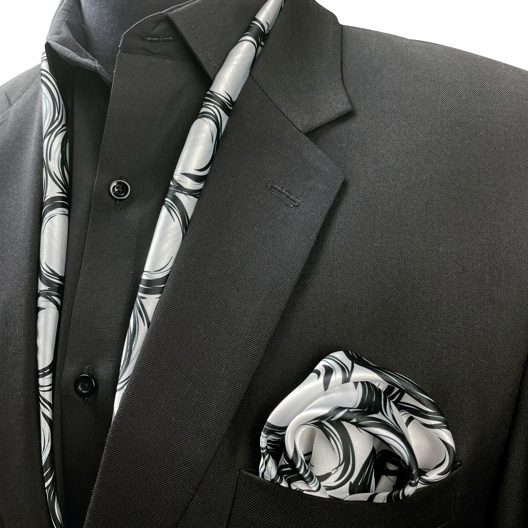 BLACK SPIRAL SILK SCARF & POCKET SQUARE SET