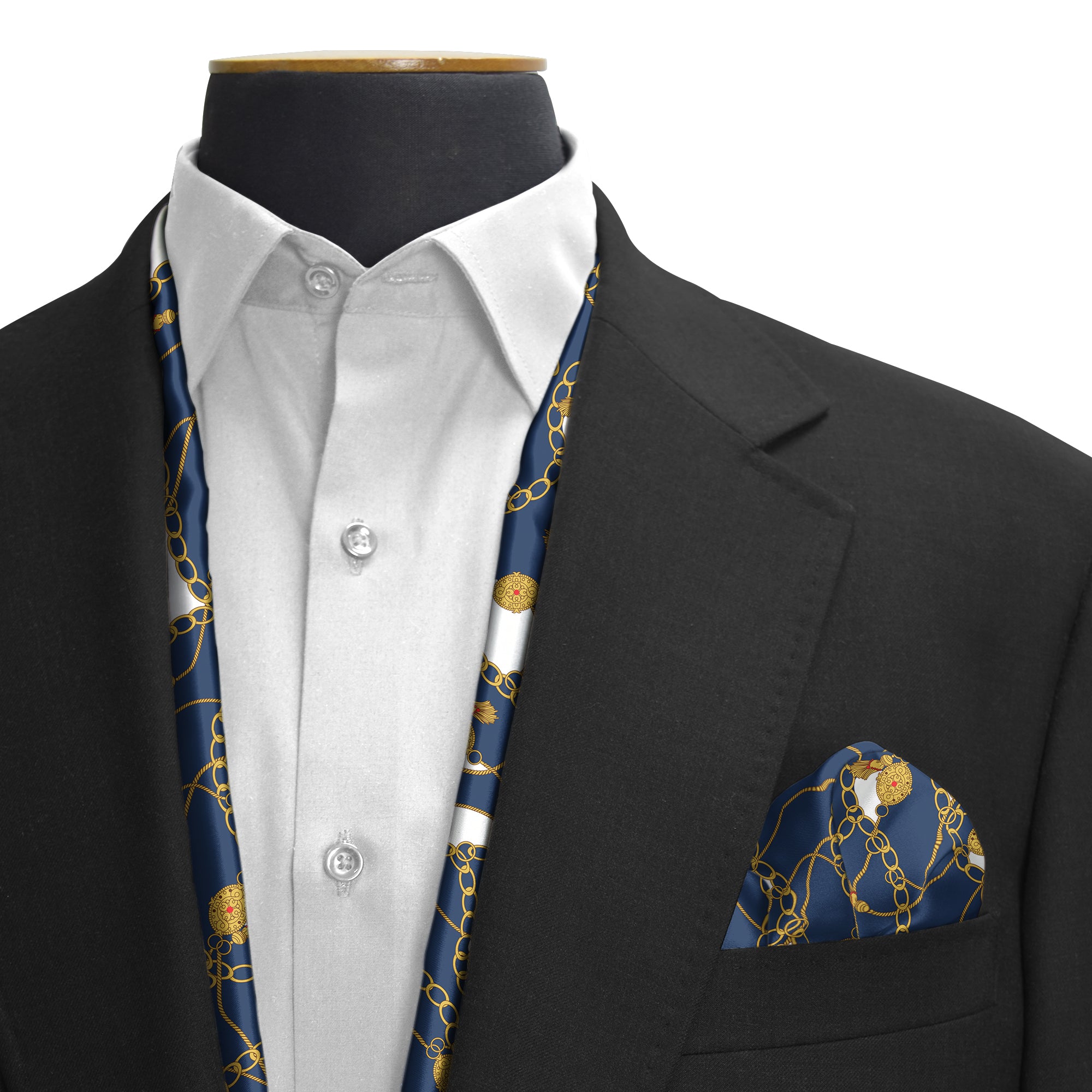 BLUE AND GOLD CHAIN SILK SCARF & POCKET SQUARE SET