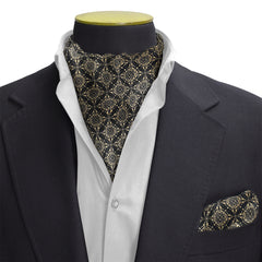 CLASSIC FLORAL GOLD & BLACK CRAVAT & POCKET  SQUARE SET