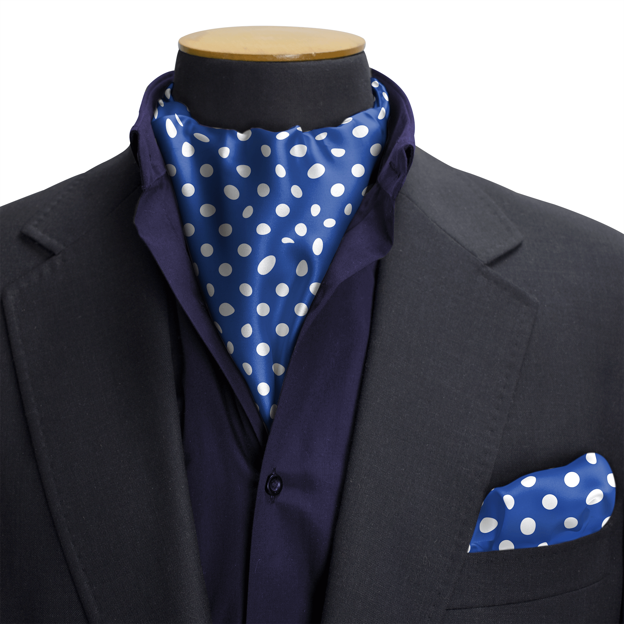 BLUE WITH WHITE POLKA SILK CRAVAT & POCKET SQUARE SET