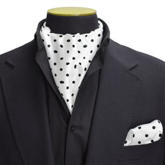 WHITE WITH BLACK POLKA DOT SILK CRAVAT & POCKET SQAURE SET