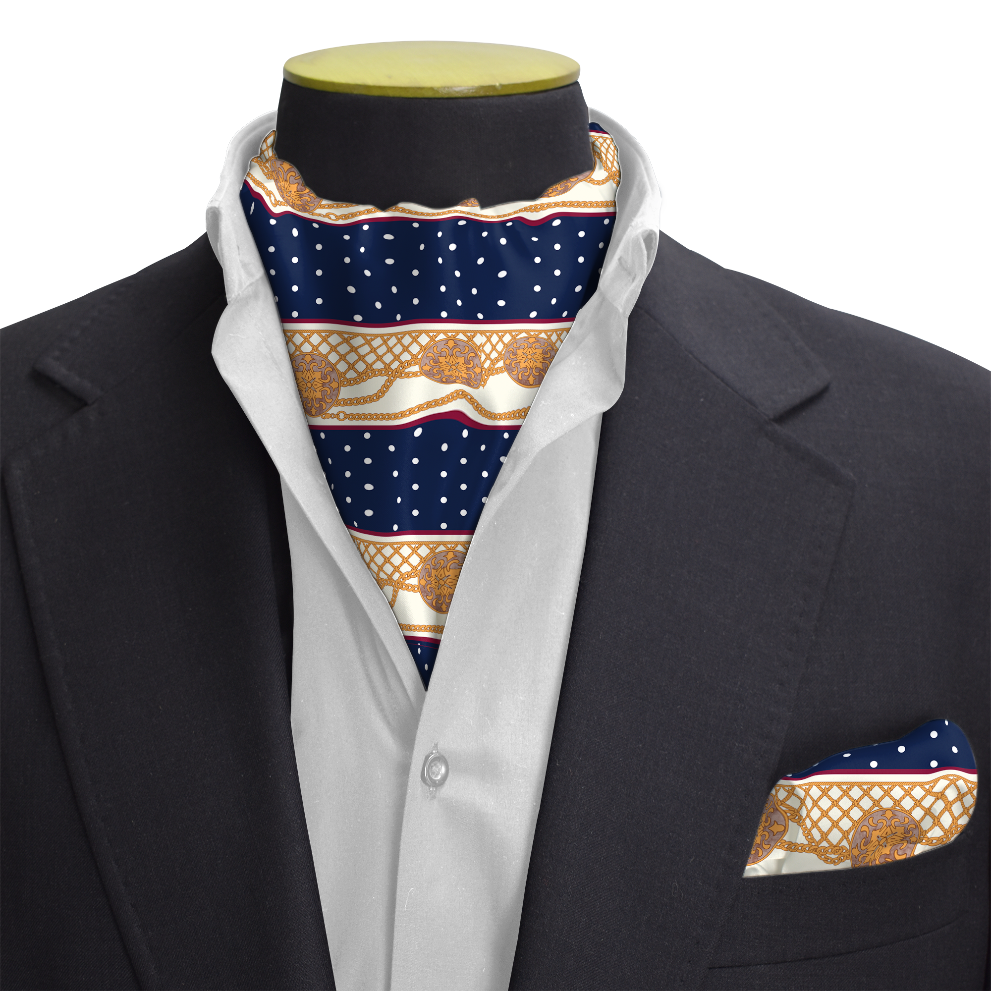 BLUE & GOLD MEDAL SILK CRAVAT & POCKET SQUARE SET