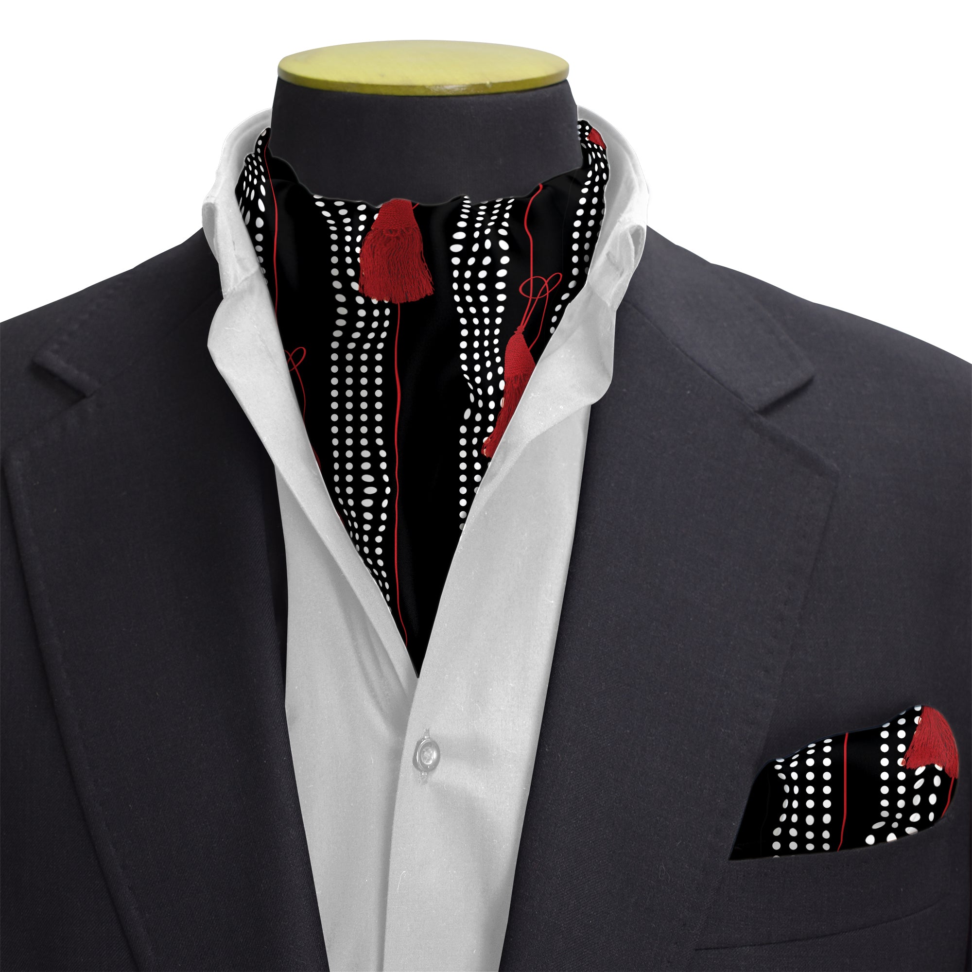 BLACK & RED TASSELS SILK CRAVAT & POCKET SQUARE SET