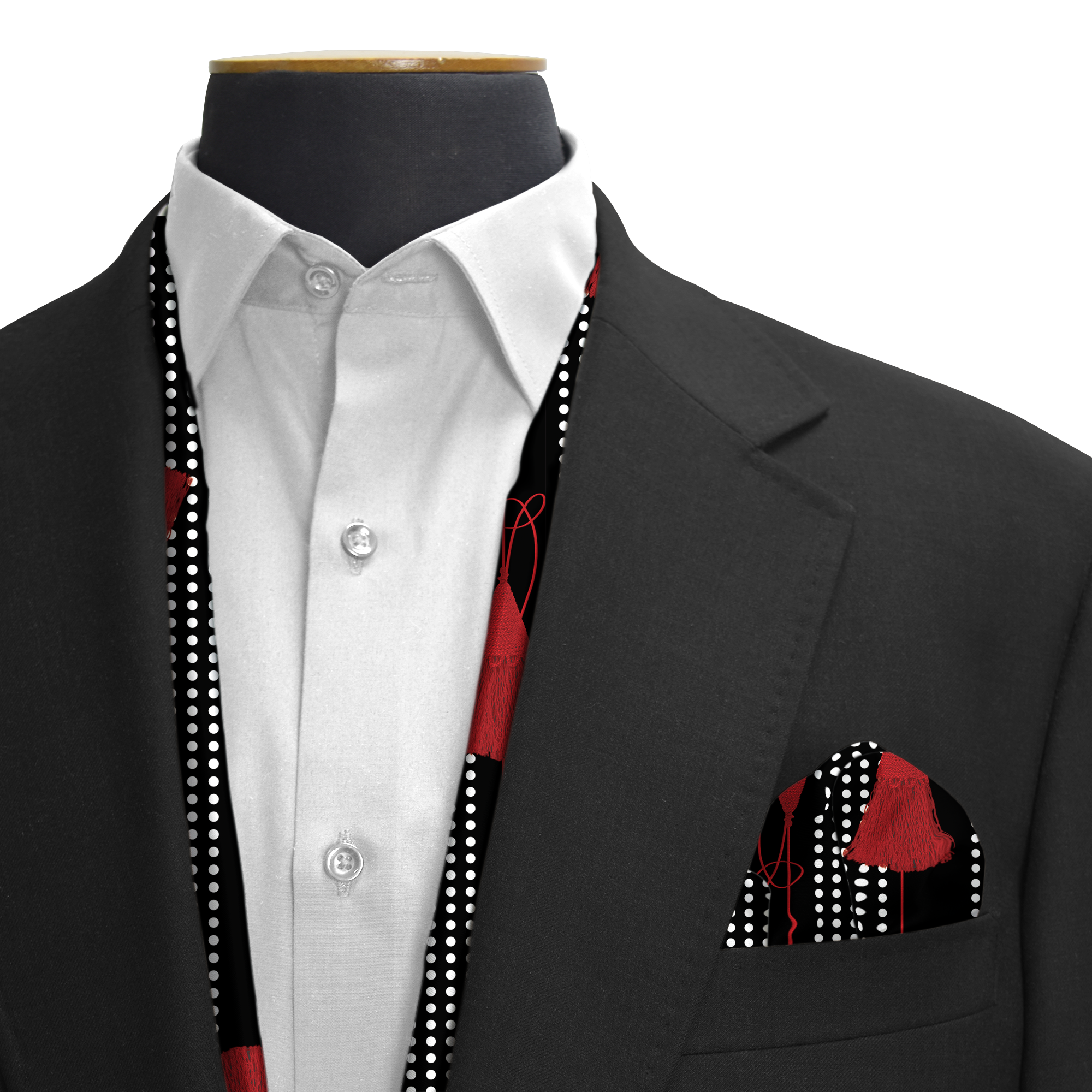 BLACK & RED TASSELS SILK SCARF & POCKET SQUARE SET