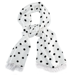 WHITE WITH BLACK POLKA DOT SILK SCARF
