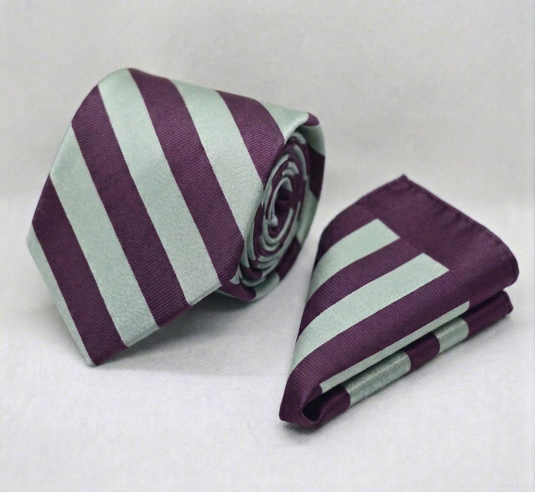 CLASSIC SILVER AND EGGPLANT TIE AND POCKET SQUARE SET