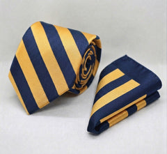 CLASSIC GOLD AND OXFORD BLUE TIE AND POCKET SQUARE SET