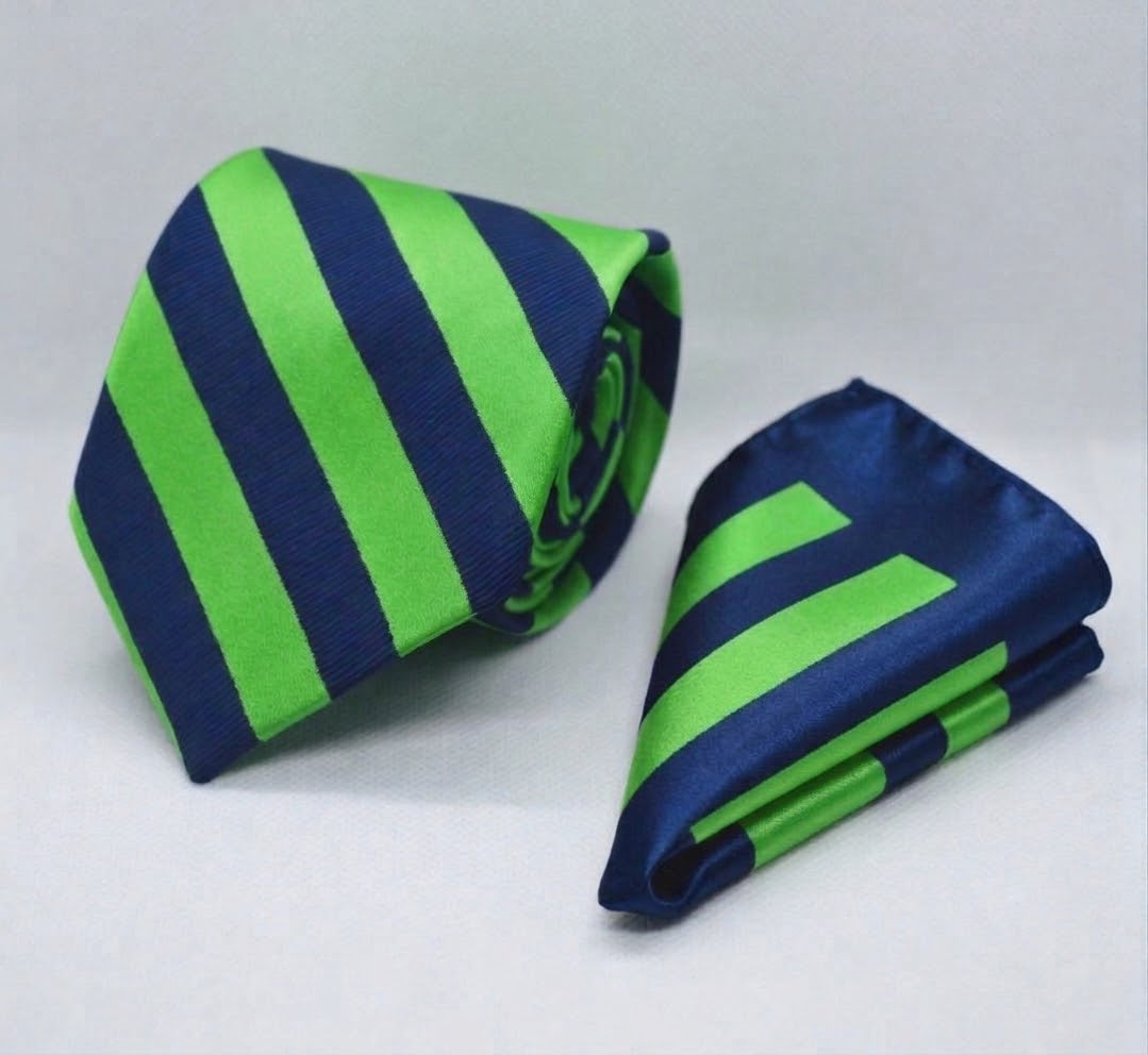 CLASSIC PARROT GREEN AND BLUE TIE AND POCKET SQUARE SET