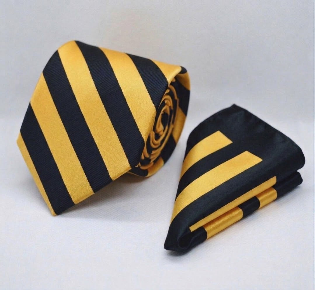 CLASSIC GOLD AND BLACK TIE AND POCKET SQUARE SET