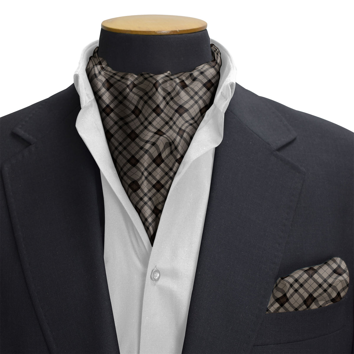 THE UMBER BROWN PLAID SILK CRAVAT & POCKET SQUARE SET