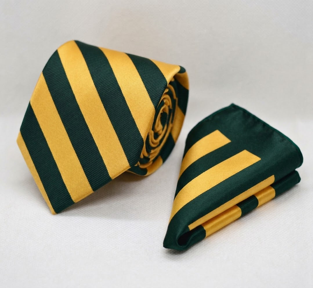 CLASSIC GOLD AND JUNGLE GREEN TIE AND POCKET SQUARE SET