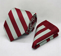 CLASSIC SILVER AND RED TIE AND POCKET SQUARE SET