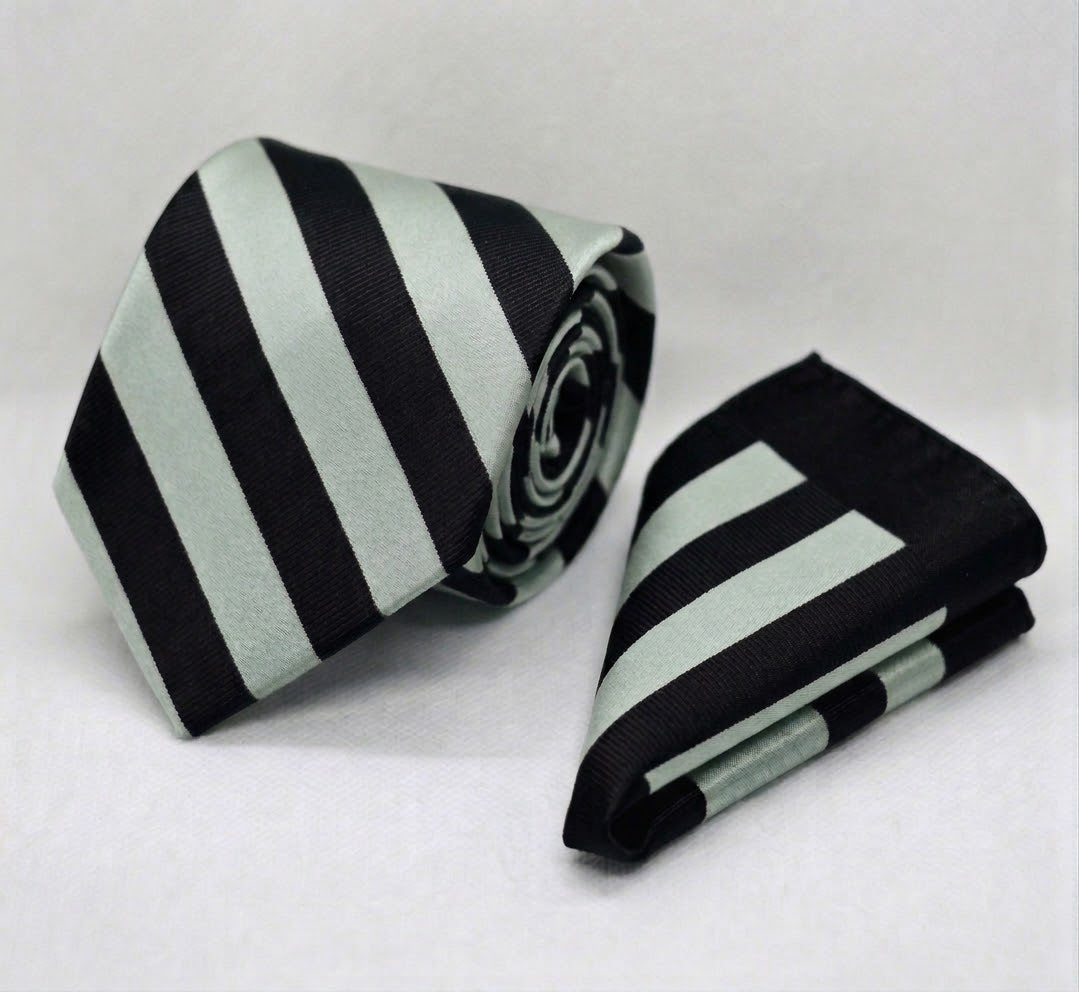 CLASSIC SILVER AND BLACK TIE AND POCKET SQUARE SET