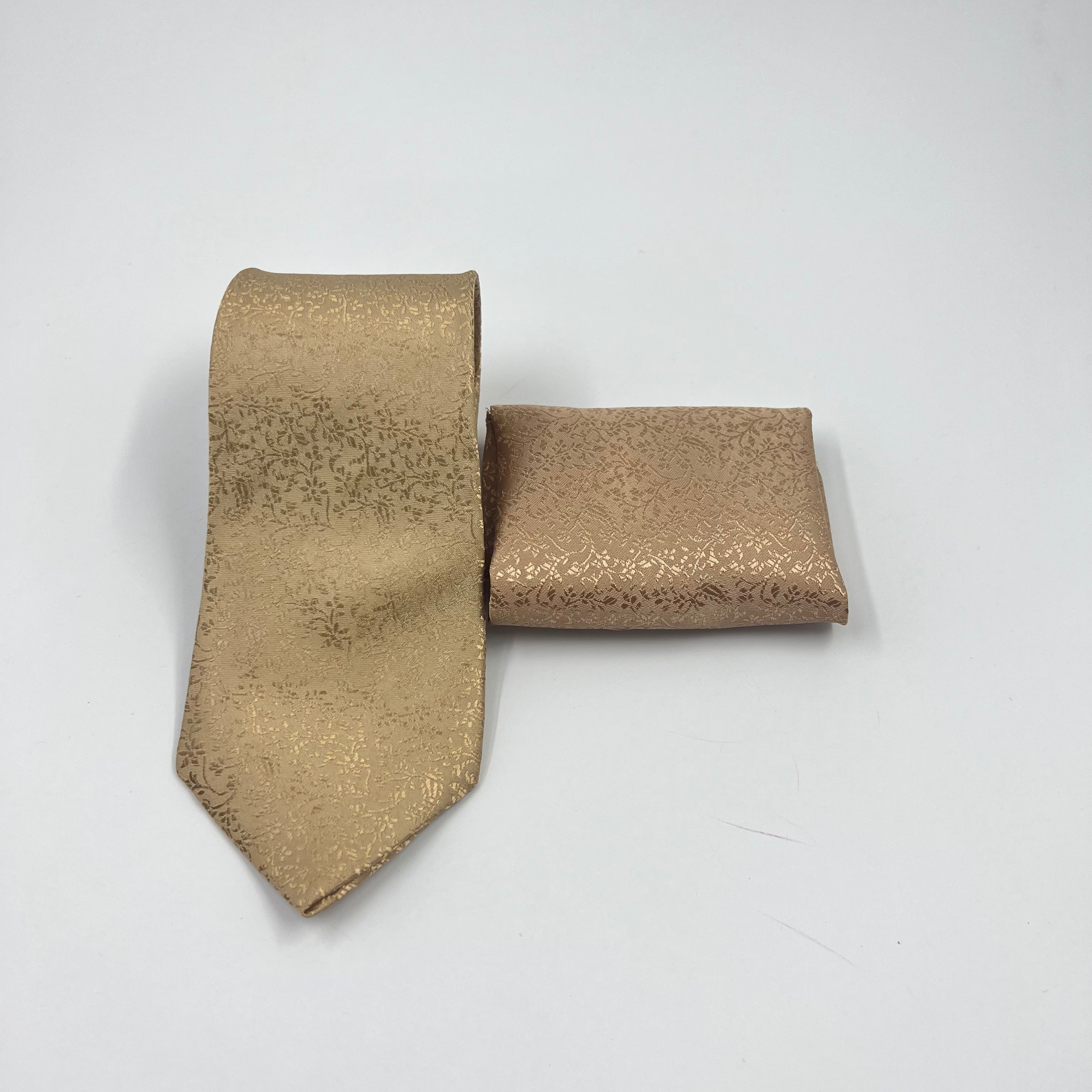 BEIGE GOLD SELF PRINTED TIE & POCKET SQUARE SET