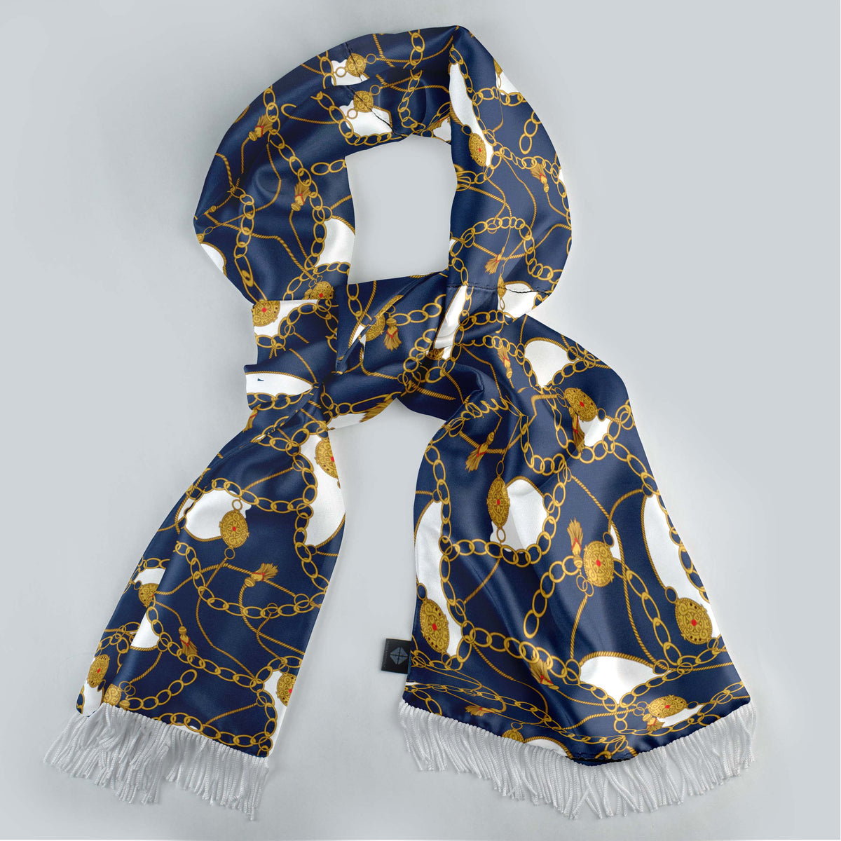 BLUE AND GOLD CHAIN SILK SCARF