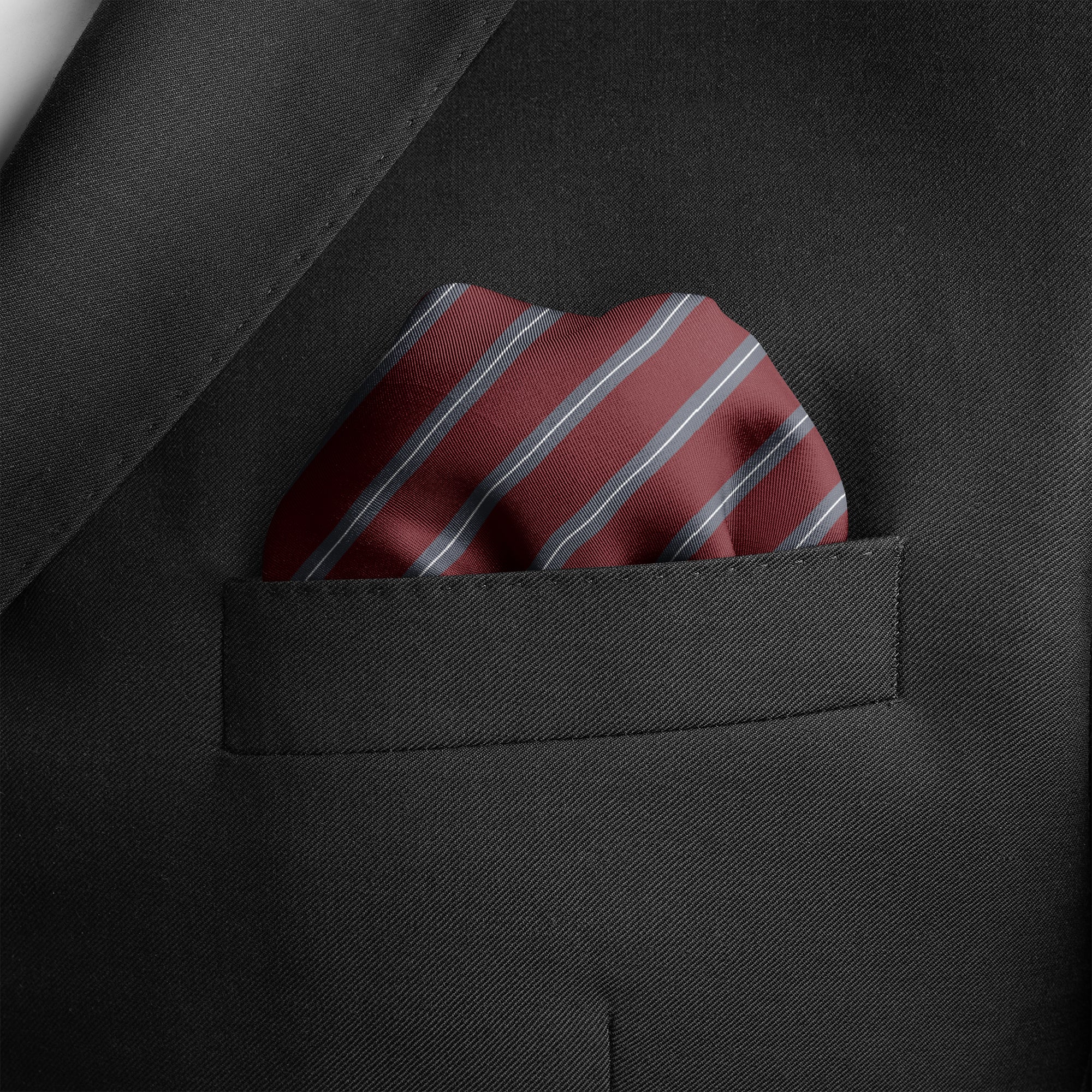 REGIMENTAL MAROON AND GREY SILK POCKET SQUARE