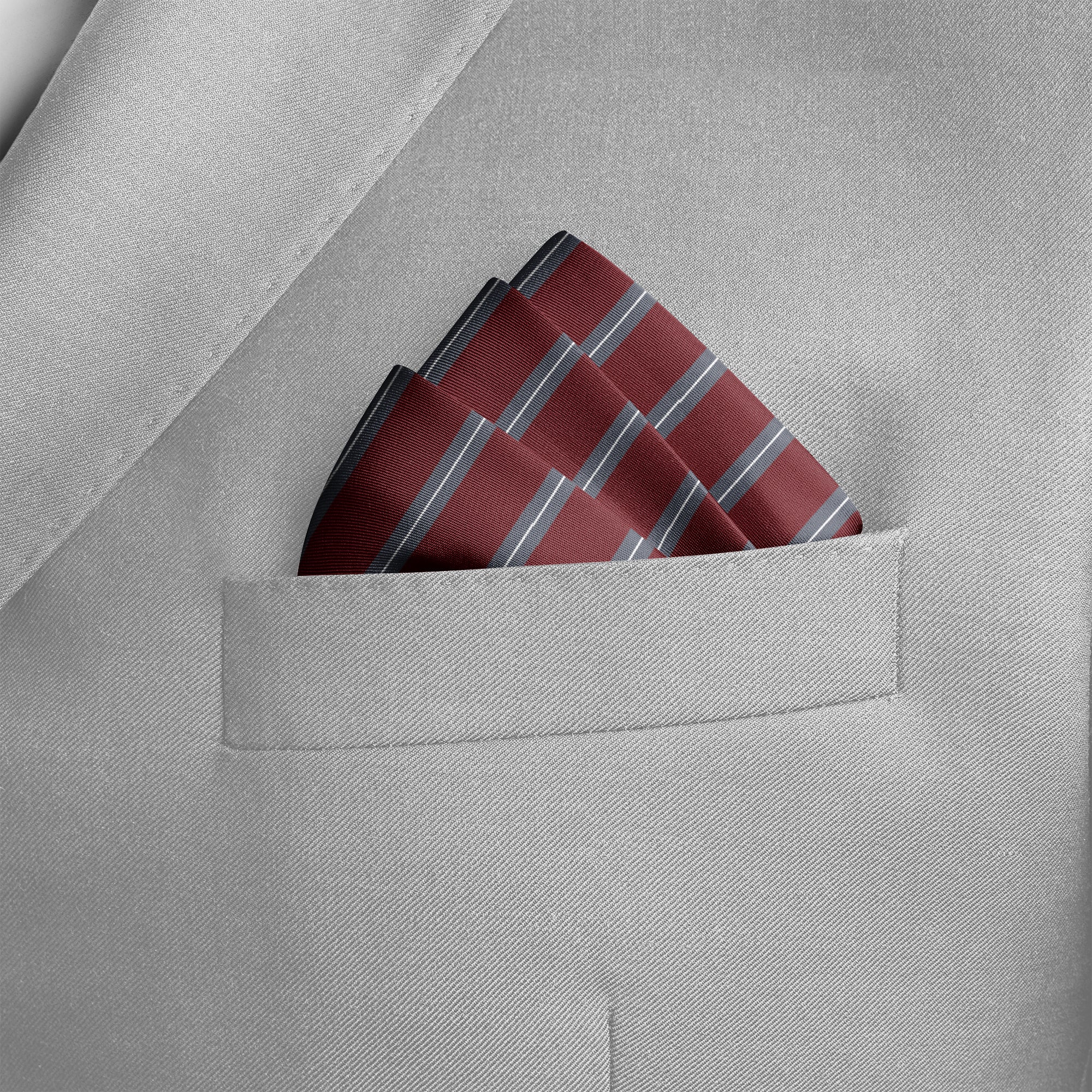 REGIMENTAL MAROON AND GREY SILK POCKET SQUARE