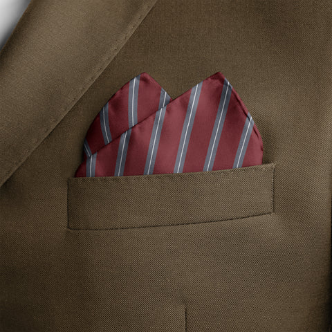 REGIMENTAL MAROON AND GREY SILK POCKET SQUARE