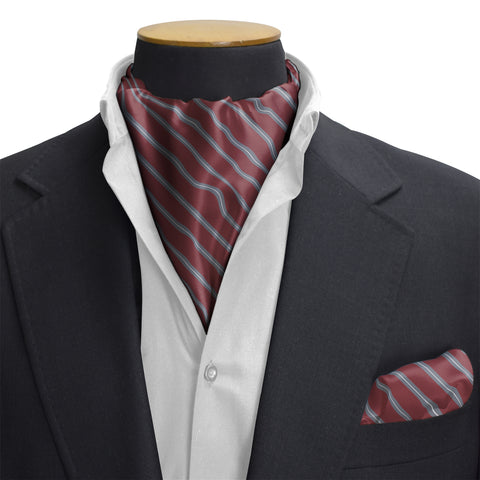 REGIMENTAL MAROON AND GREY SILK CRAVAT & POCKET SQUARE SET