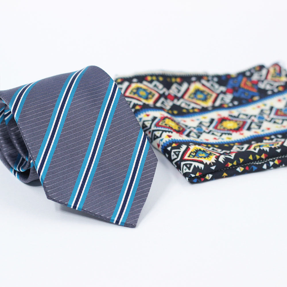 CHARCOAL & BLUE STRIPED TIE SET