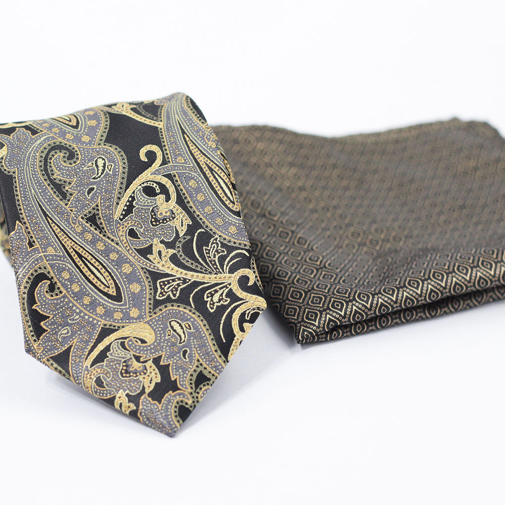 GOLD & BLACK PAISLEY FESTIVE TIE SET