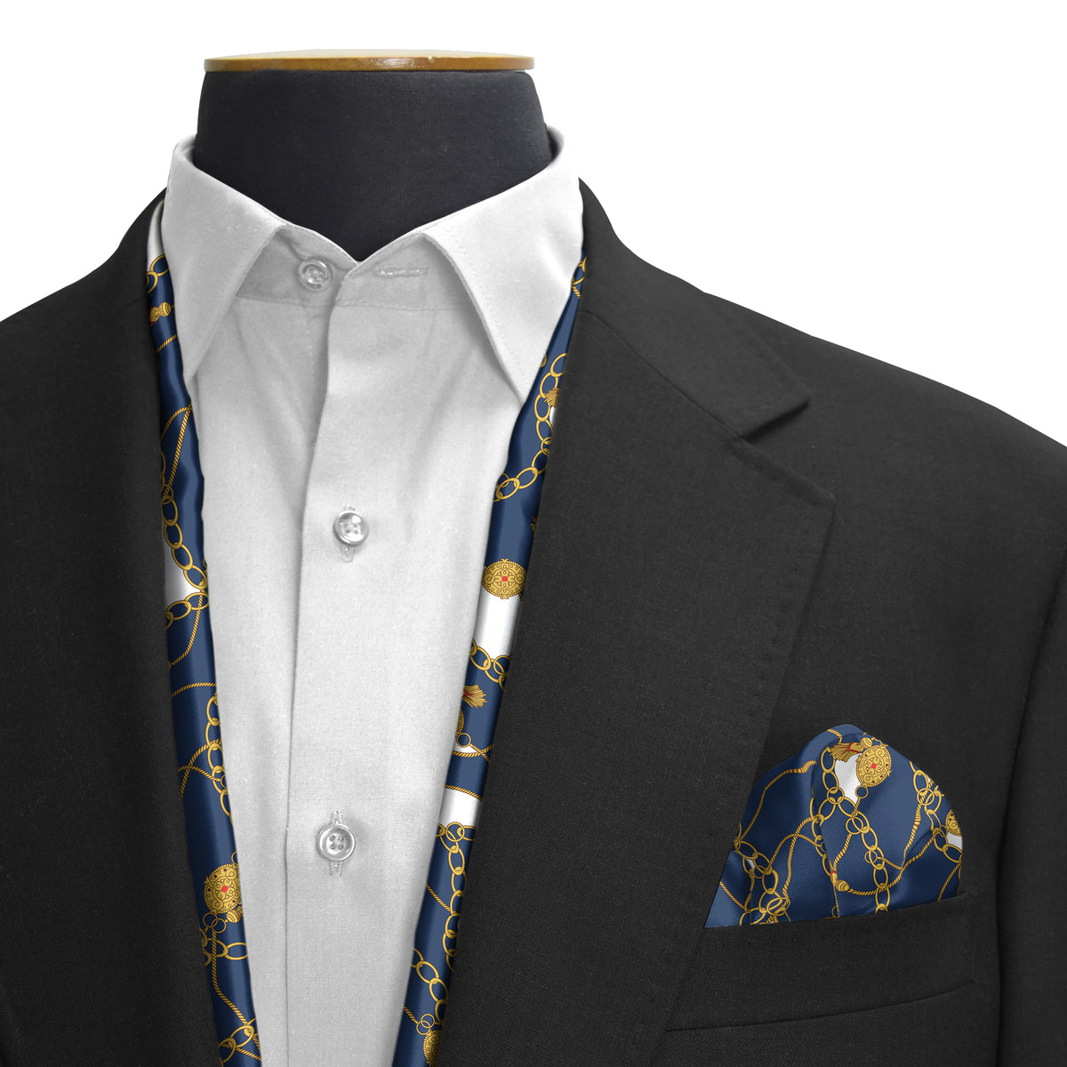 BLUE AND GOLD CHAIN SILK SCARF & POCKET SQUARE SET
