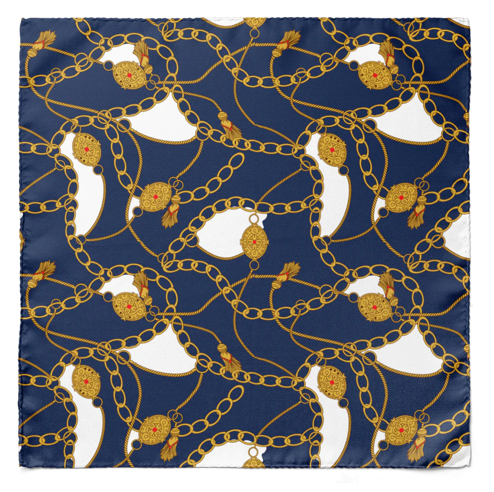 BLUE AND GOLD CHAIN SILK SCARF & POCKET SQUARE SET
