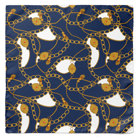 BLUE AND GOLD CHAIN SILK CRAVAT & POCKET SQUARE SET