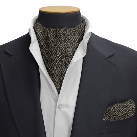 BLACK & GOLD DIAMOND PATTERN SILK CRAVAT & POCKET SQUARE SET