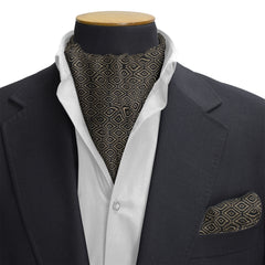 BLACK & GOLD DIAMOND PATTERN CRAVAT & POCKET SQUARE SET