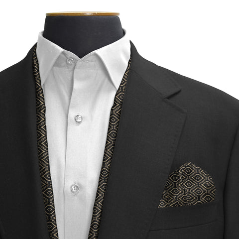 BLACK & GOLD DIAMOND PATTERN SILK SCARF & POCKET SQUARE SET