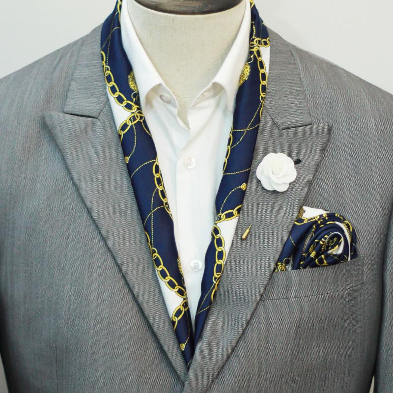 BLUE AND GOLD CHAIN SILK SCARF & POCKET SQUARE SET