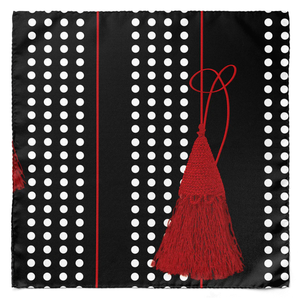 BLACK & RED TASSELS SILK CRAVAT & POCKET SQUARE SET