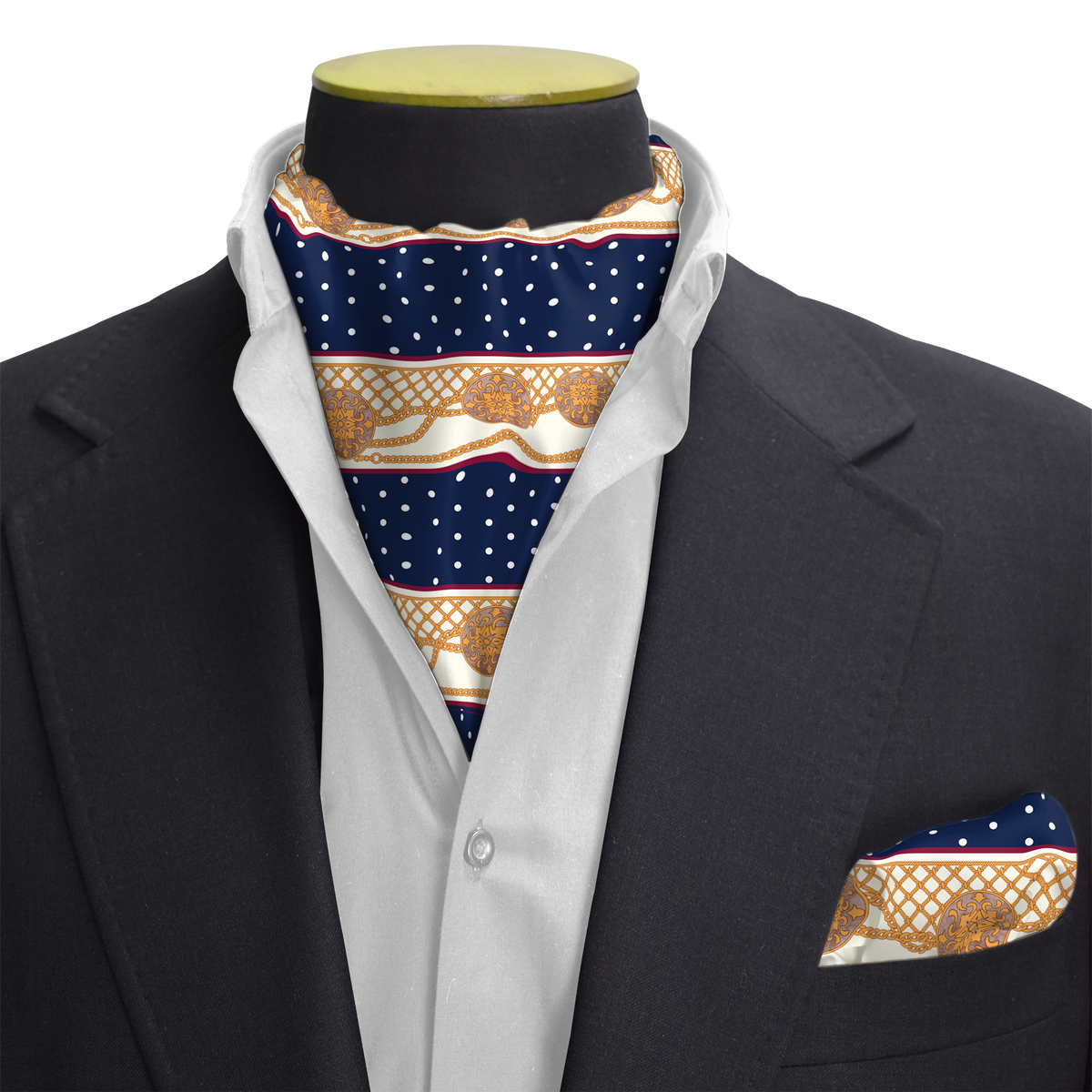 BLUE & GOLD MEDAL SILK CRAVAT & POCKET SQUARE SET
