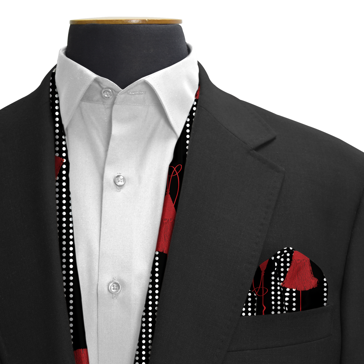 BLACK & RED TASSELS SILK SCARF & POCKET SQUARE SET