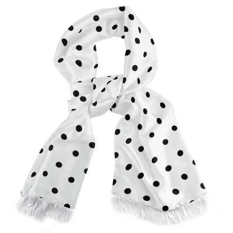 WHITE WITH BLACK POLKA DOT SILK SCARF
