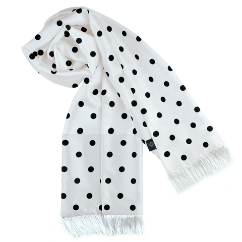 WHITE WITH BLACK POLKA DOT SILK SCARF